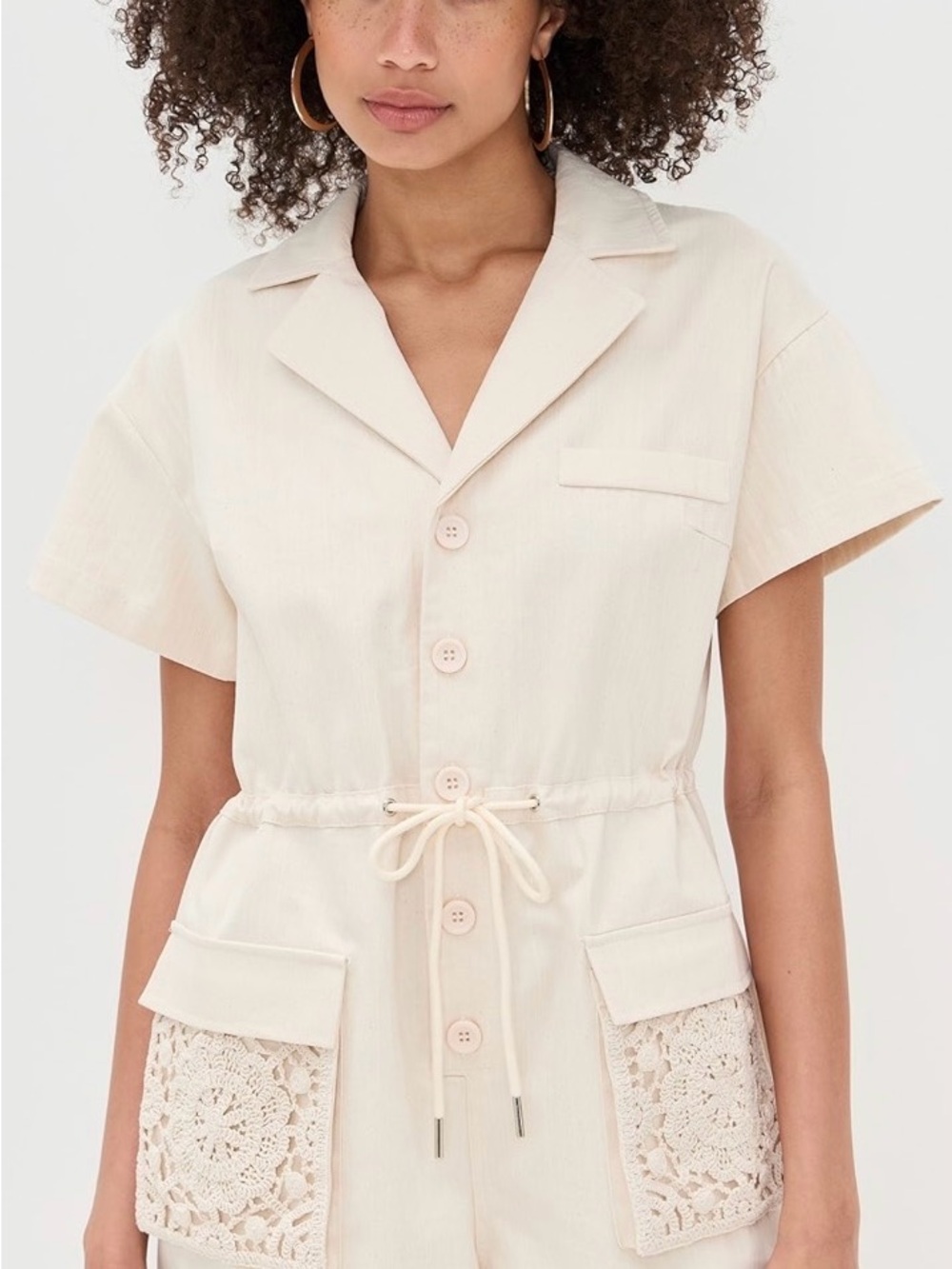 Line & Dot Veni Romper
 Button-Front Crochet Pocket Romper —NWT